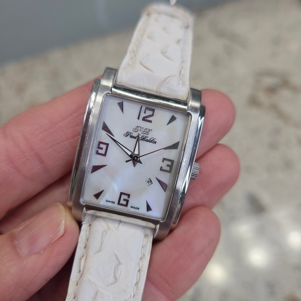 Paul Baldinโ Swiss Made Womens Watch Mother of Pearl Dial White Leather